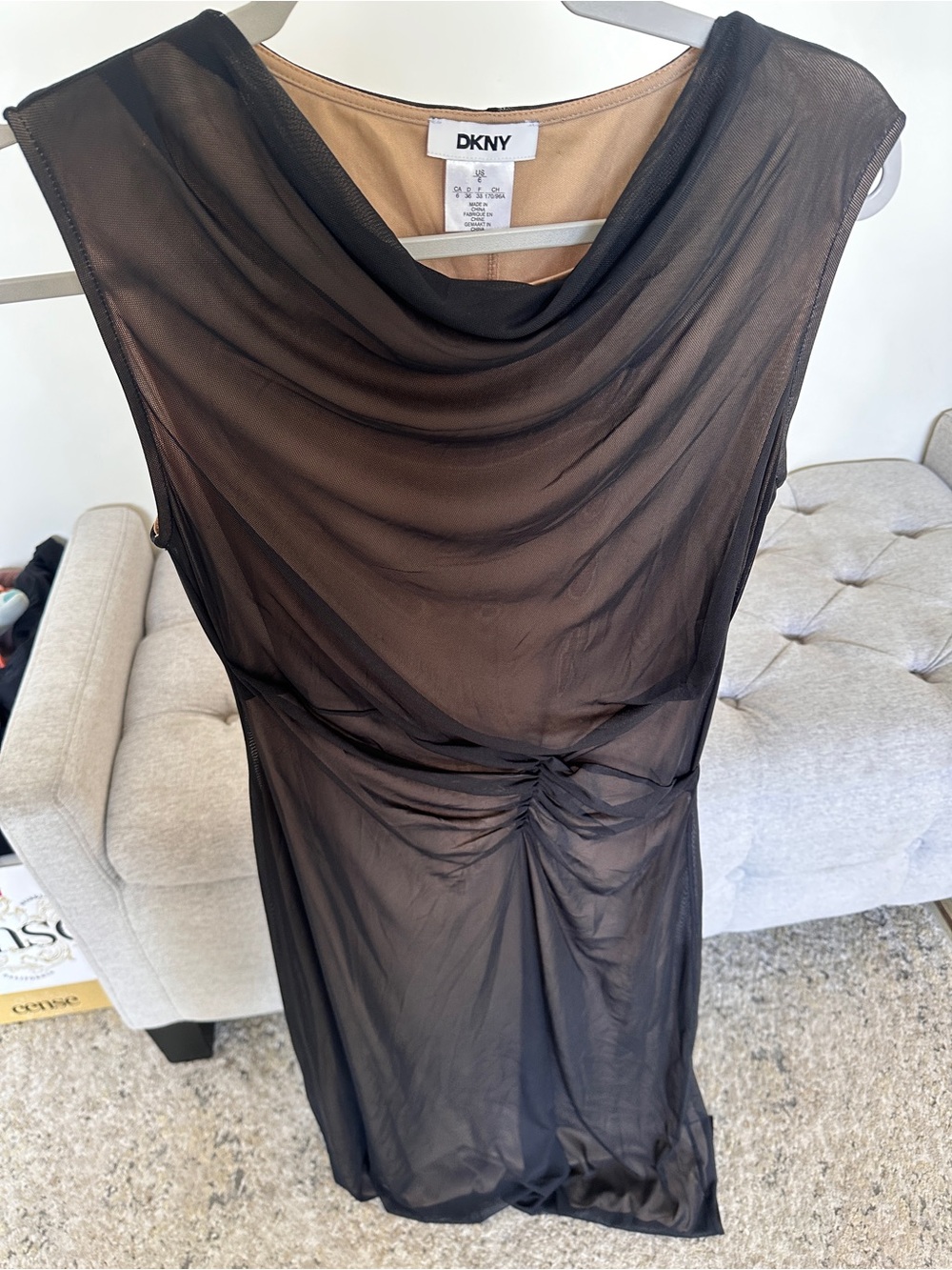 DKNY Black Sheer Cowl Neck Dress
